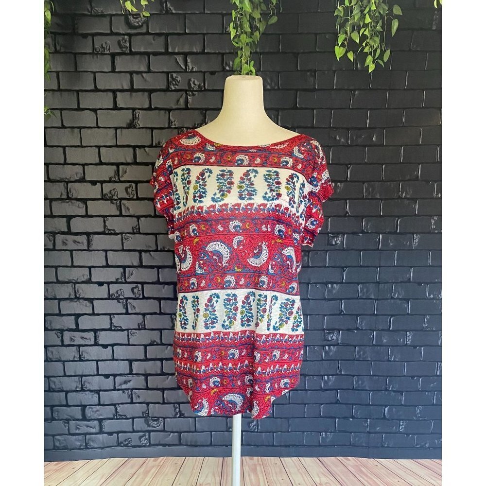 Loft Linen Boho Paisley Capped Sleeve Lightweight Breathable linen T Shirt S
